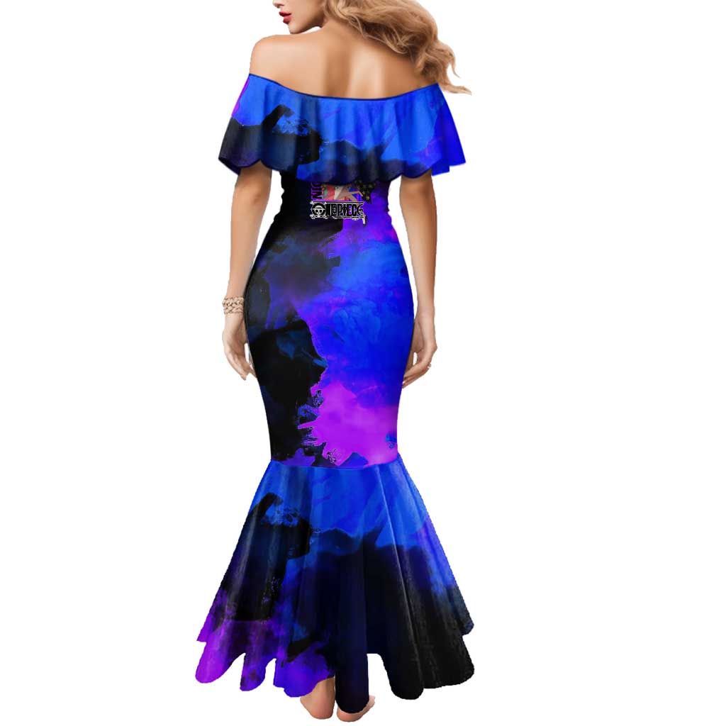 Nico Robin One Piece Purple and Blue Theme Family Matching Mermaid Dress and Hawaiian Shirt with Floral Cape and Archaeologist Pose Design
