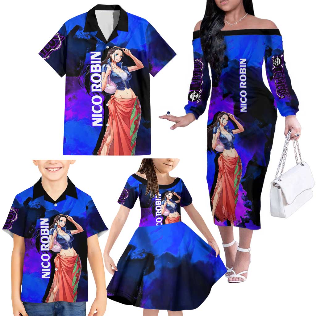 Nico Robin One Piece Purple and Blue Theme Family Matching Off The Shoulder Long Sleeve Dress and Hawaiian Shirt with Floral Cape and Archaeologist Pose Design