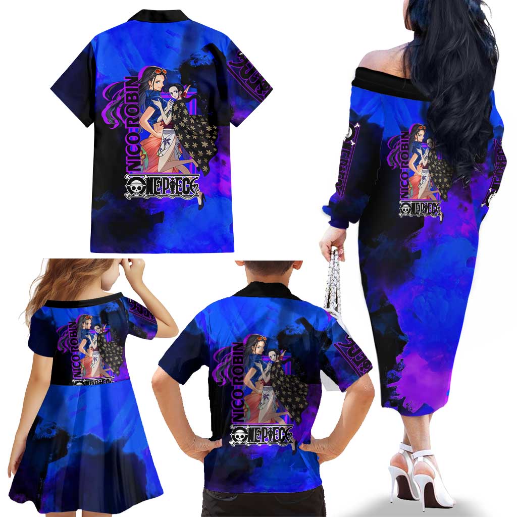 Nico Robin One Piece Purple and Blue Theme Family Matching Off The Shoulder Long Sleeve Dress and Hawaiian Shirt with Floral Cape and Archaeologist Pose Design