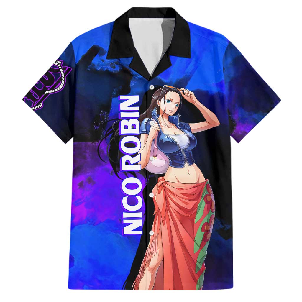 Nico Robin One Piece Purple and Blue Theme Family Matching Off The Shoulder Long Sleeve Dress and Hawaiian Shirt with Floral Cape and Archaeologist Pose Design