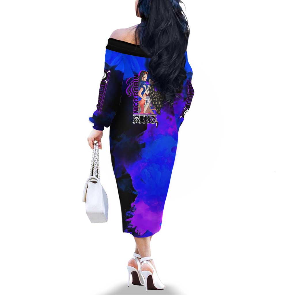 Nico Robin One Piece Purple and Blue Theme Family Matching Off The Shoulder Long Sleeve Dress and Hawaiian Shirt with Floral Cape and Archaeologist Pose Design