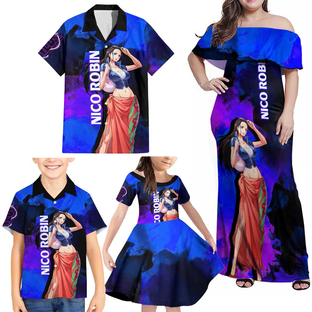 Nico Robin One Piece Purple and Blue Theme Family Matching Off Shoulder Maxi Dress and Hawaiian Shirt with Floral Cape and Archaeologist Pose Design
