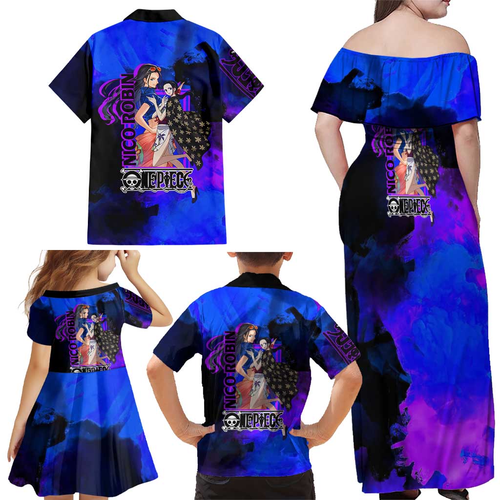 Nico Robin One Piece Purple and Blue Theme Family Matching Off Shoulder Maxi Dress and Hawaiian Shirt with Floral Cape and Archaeologist Pose Design