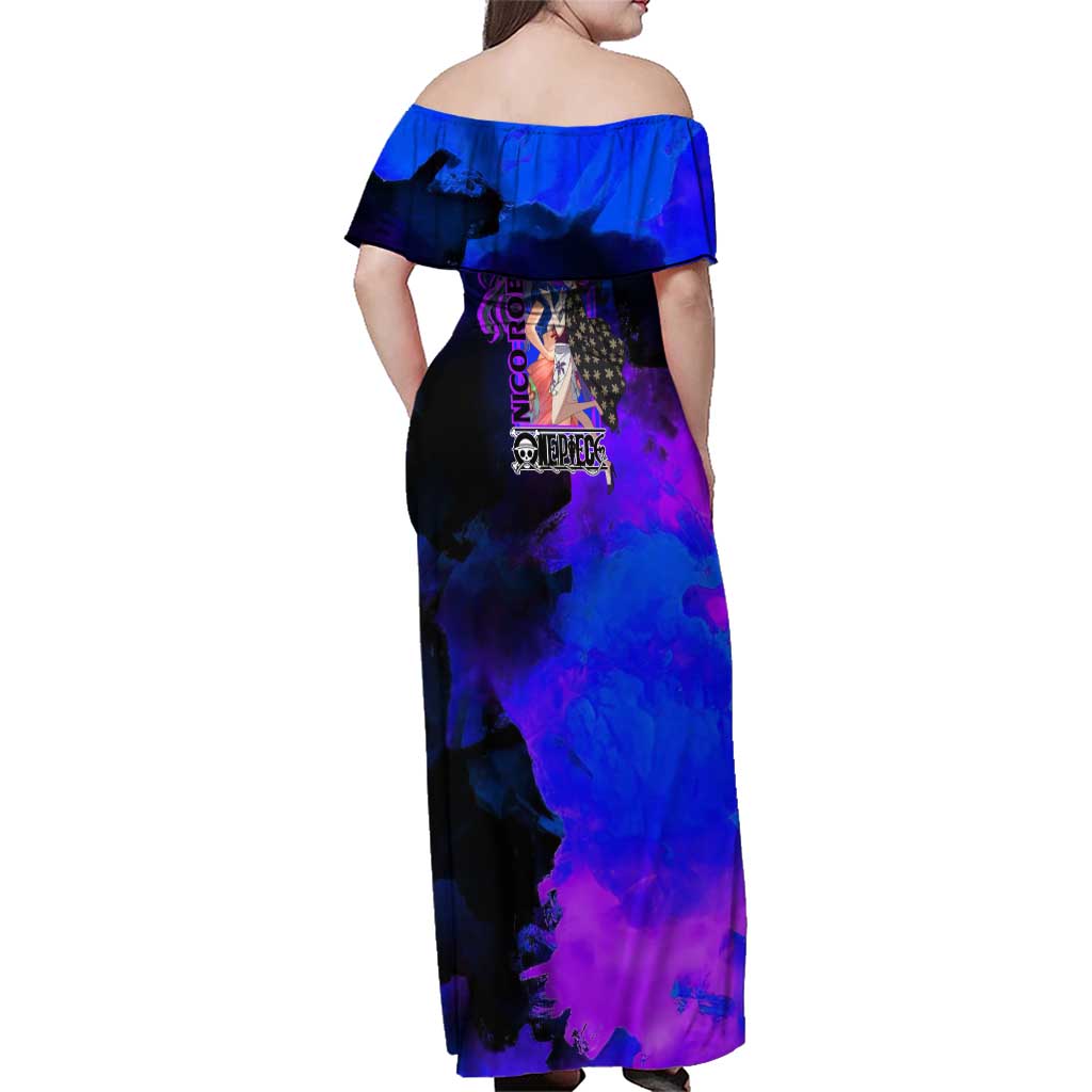 Nico Robin One Piece Purple and Blue Theme Family Matching Off Shoulder Maxi Dress and Hawaiian Shirt with Floral Cape and Archaeologist Pose Design