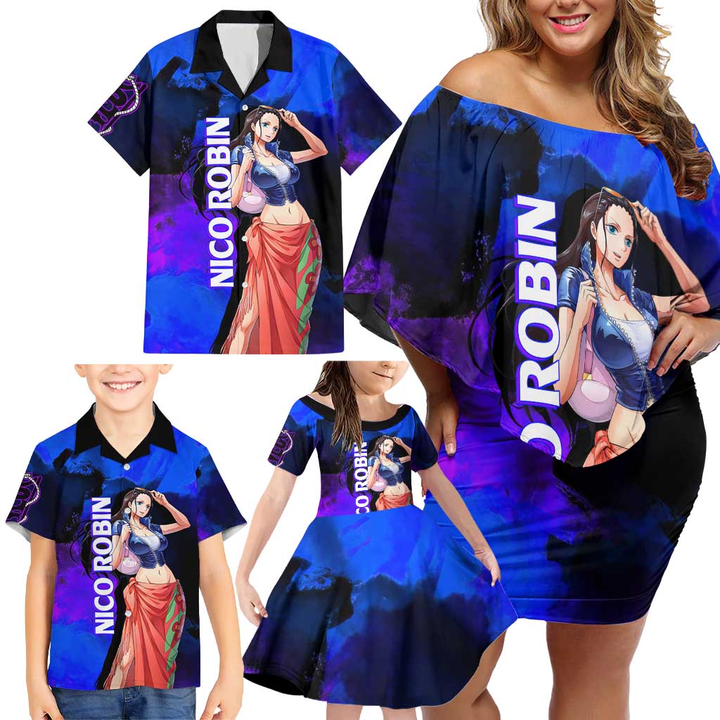 Nico Robin One Piece Purple and Blue Theme Family Matching Off Shoulder Short Dress and Hawaiian Shirt with Floral Cape and Archaeologist Pose Design