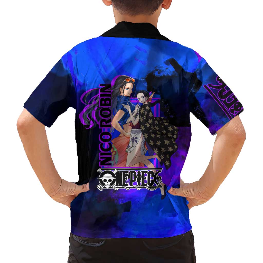 Nico Robin One Piece Purple and Blue Theme Family Matching Off Shoulder Short Dress and Hawaiian Shirt with Floral Cape and Archaeologist Pose Design