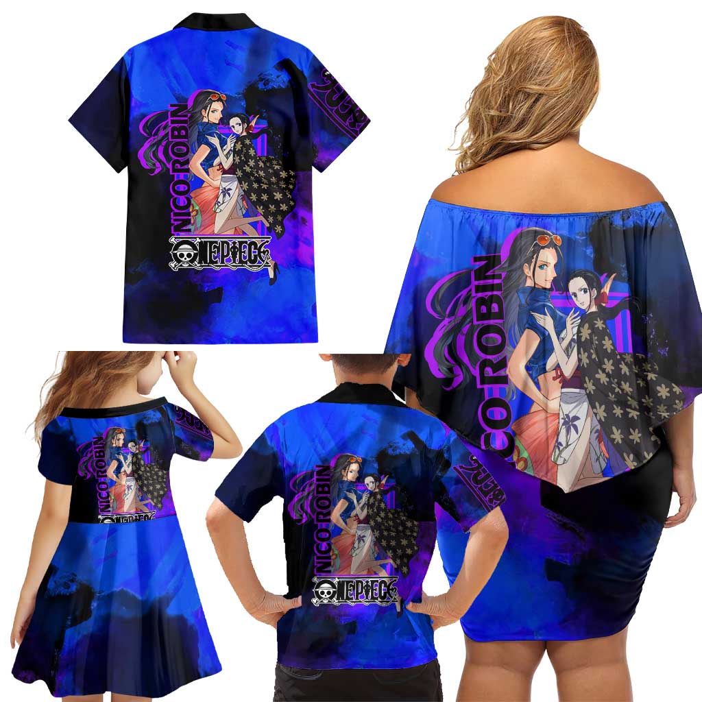 Nico Robin One Piece Purple and Blue Theme Family Matching Off Shoulder Short Dress and Hawaiian Shirt with Floral Cape and Archaeologist Pose Design