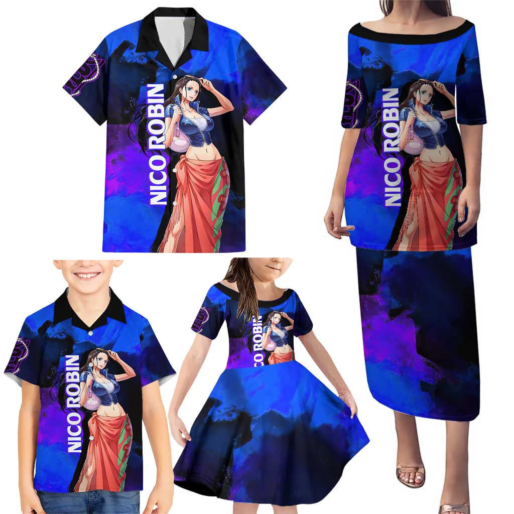 Nico Robin One Piece Purple and Blue Theme Family Matching Puletasi and Hawaiian Shirt with Floral Cape and Archaeologist Pose Design