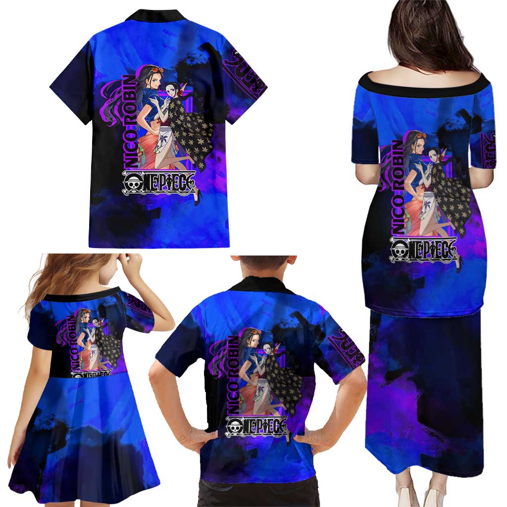 Nico Robin One Piece Purple and Blue Theme Family Matching Puletasi and Hawaiian Shirt with Floral Cape and Archaeologist Pose Design