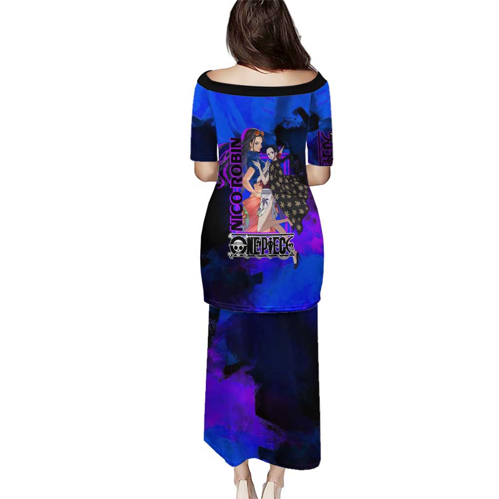 Nico Robin One Piece Purple and Blue Theme Family Matching Puletasi and Hawaiian Shirt with Floral Cape and Archaeologist Pose Design