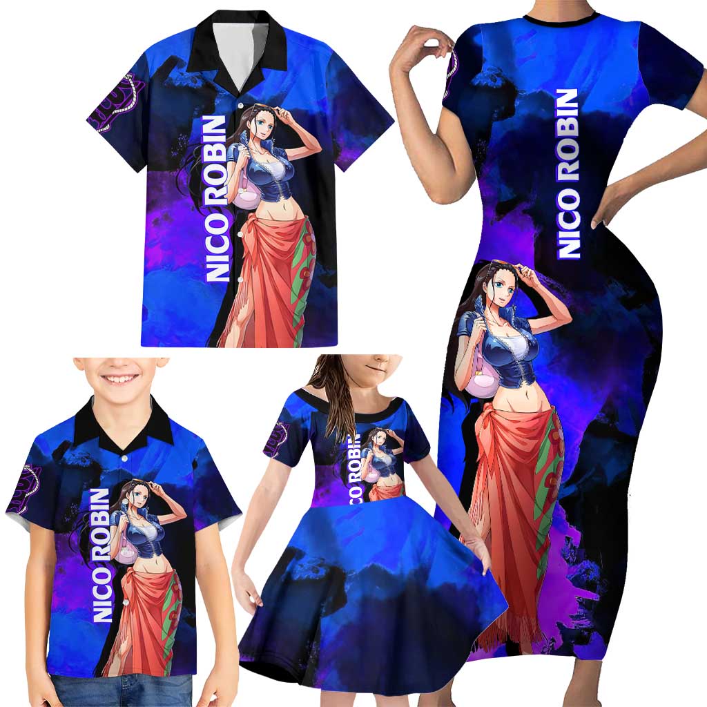Nico Robin One Piece Purple and Blue Theme Family Matching Short Sleeve Bodycon Dress and Hawaiian Shirt with Floral Cape and Archaeologist Pose Design