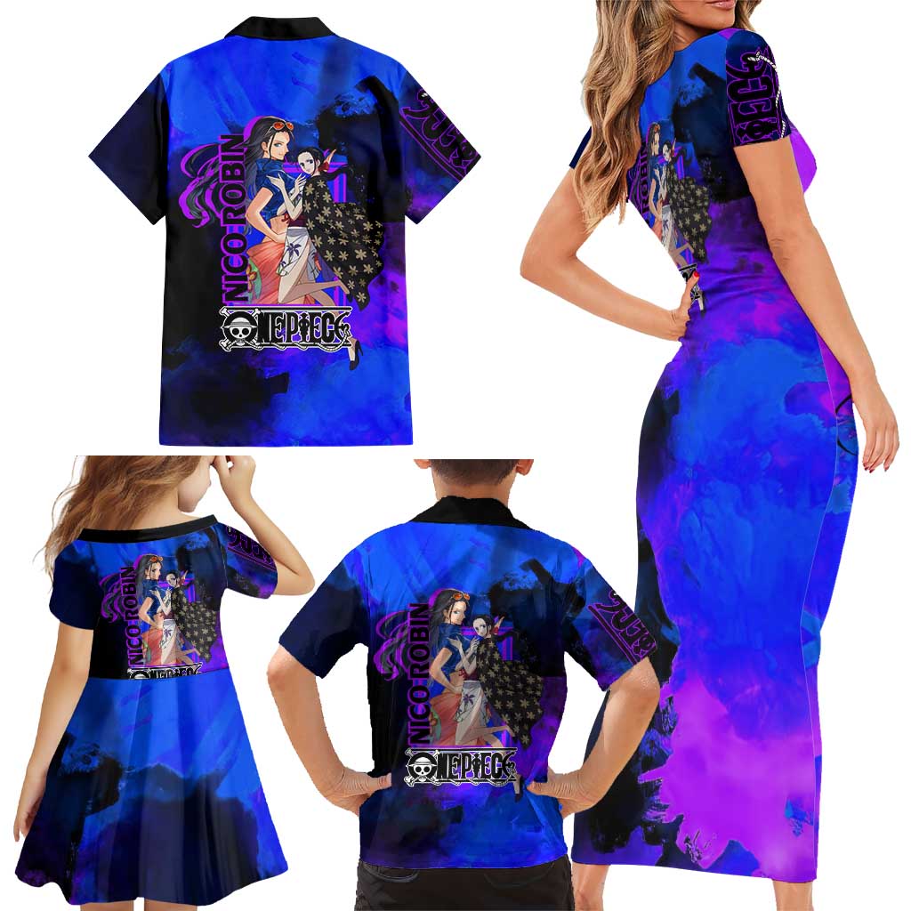 Nico Robin One Piece Purple and Blue Theme Family Matching Short Sleeve Bodycon Dress and Hawaiian Shirt with Floral Cape and Archaeologist Pose Design