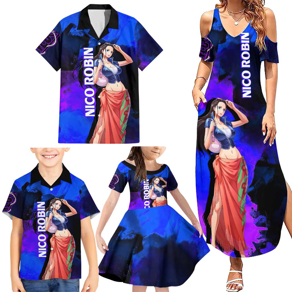 Nico Robin One Piece Purple and Blue Theme Family Matching Summer Maxi Dress and Hawaiian Shirt with Floral Cape and Archaeologist Pose Design
