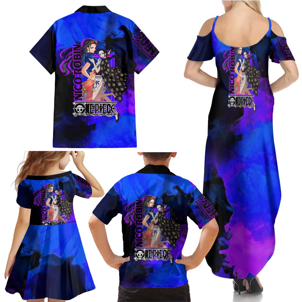 Nico Robin One Piece Purple and Blue Theme Family Matching Summer Maxi Dress and Hawaiian Shirt with Floral Cape and Archaeologist Pose Design