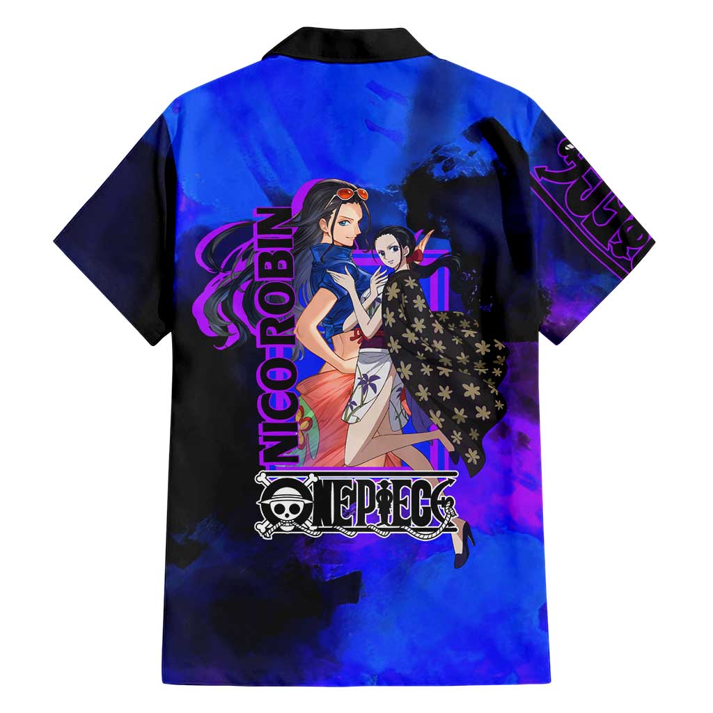 Nico Robin One Piece Purple and Blue Theme Family Matching Summer Maxi Dress and Hawaiian Shirt with Floral Cape and Archaeologist Pose Design