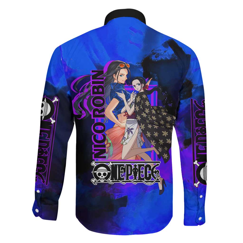 Nico Robin One Piece Purple and Blue Theme Family Matching Summer Maxi Dress and Hawaiian Shirt with Floral Cape and Archaeologist Pose Design