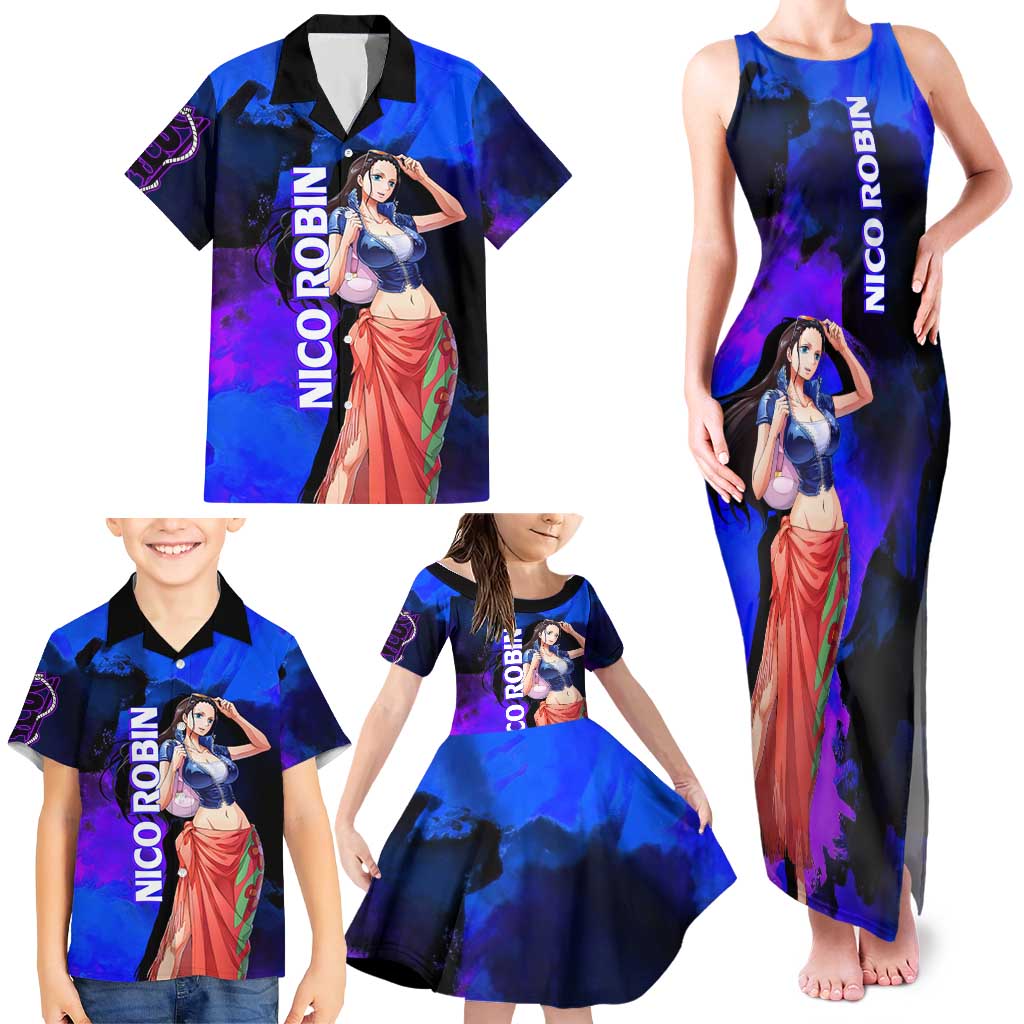 Nico Robin One Piece Purple and Blue Theme Family Matching Tank Maxi Dress and Hawaiian Shirt with Floral Cape and Archaeologist Pose Design