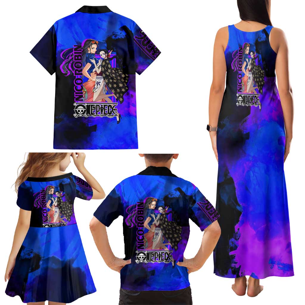 Nico Robin One Piece Purple and Blue Theme Family Matching Tank Maxi Dress and Hawaiian Shirt with Floral Cape and Archaeologist Pose Design