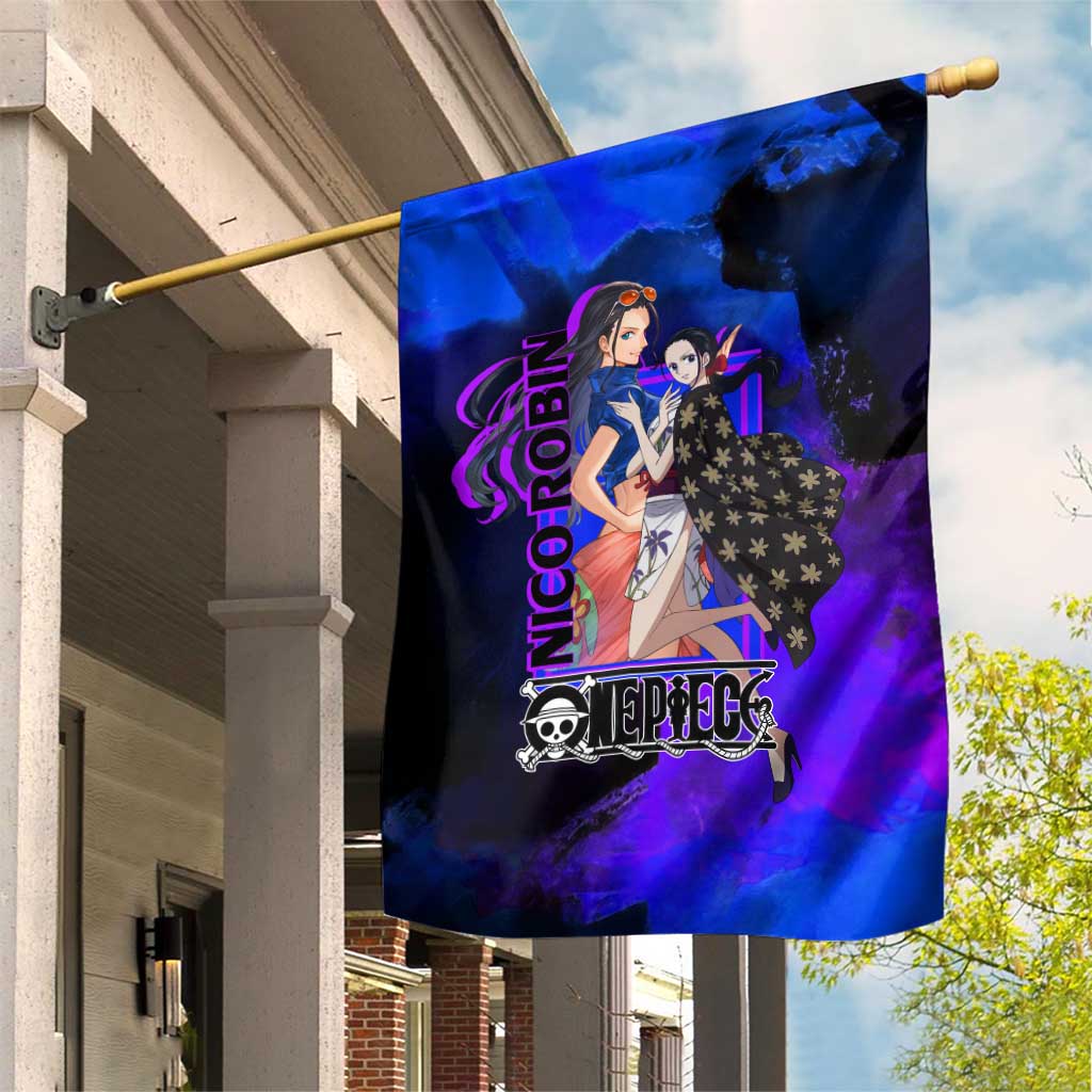 Nico Robin One Piece Purple and Blue Theme Garden Flag with Floral Cape and Archaeologist Pose Design - The Mazicc