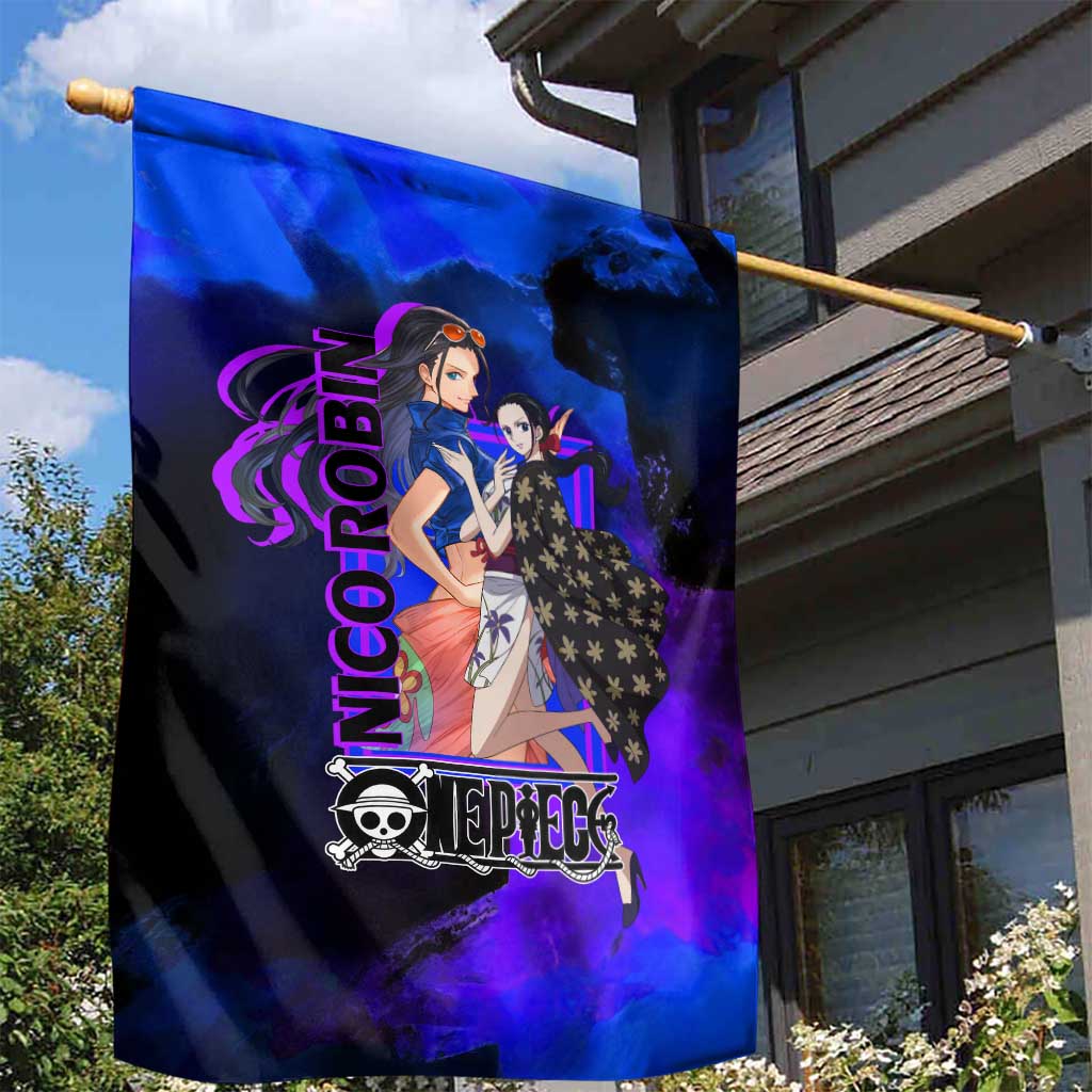 Nico Robin One Piece Purple and Blue Theme Garden Flag with Floral Cape and Archaeologist Pose Design - The Mazicc