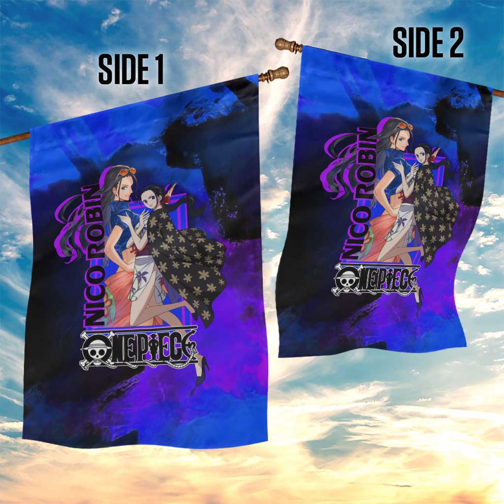 Nico Robin One Piece Purple and Blue Theme Garden Flag with Floral Cape and Archaeologist Pose Design - The Mazicc