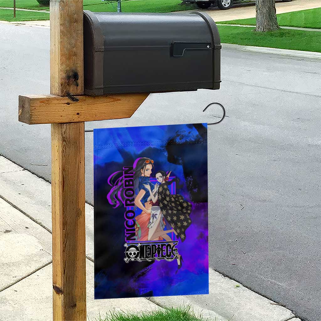 Nico Robin One Piece Purple and Blue Theme Garden Flag with Floral Cape and Archaeologist Pose Design - The Mazicc
