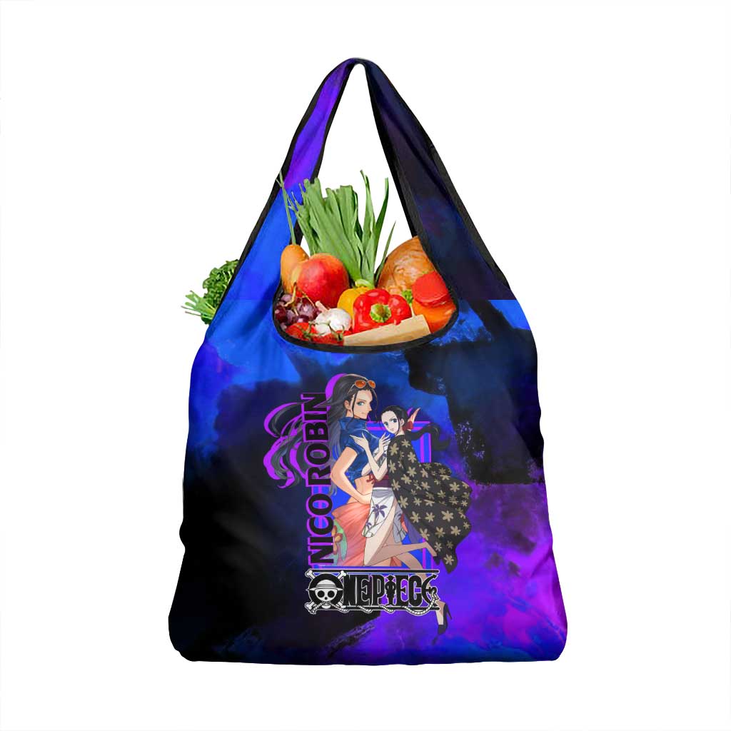 Nico Robin One Piece Purple and Blue Theme Grocery Bag with Floral Cape and Archaeologist Pose Design - The Mazicc