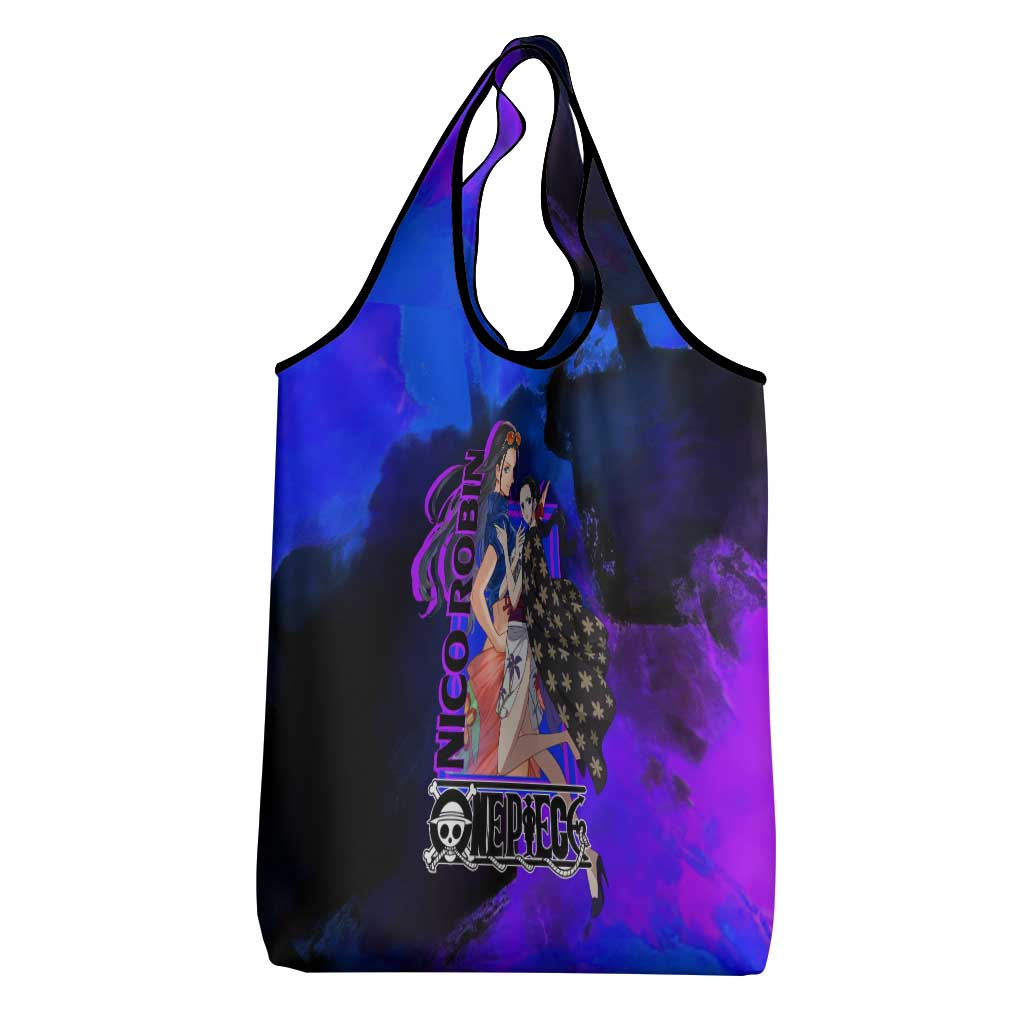 Nico Robin One Piece Purple and Blue Theme Grocery Bag with Floral Cape and Archaeologist Pose Design - The Mazicc