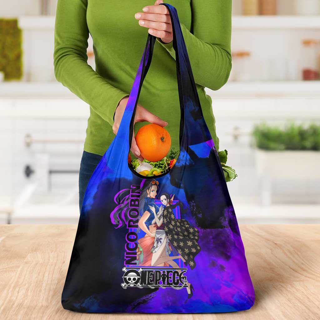 Nico Robin One Piece Purple and Blue Theme Grocery Bag with Floral Cape and Archaeologist Pose Design - The Mazicc