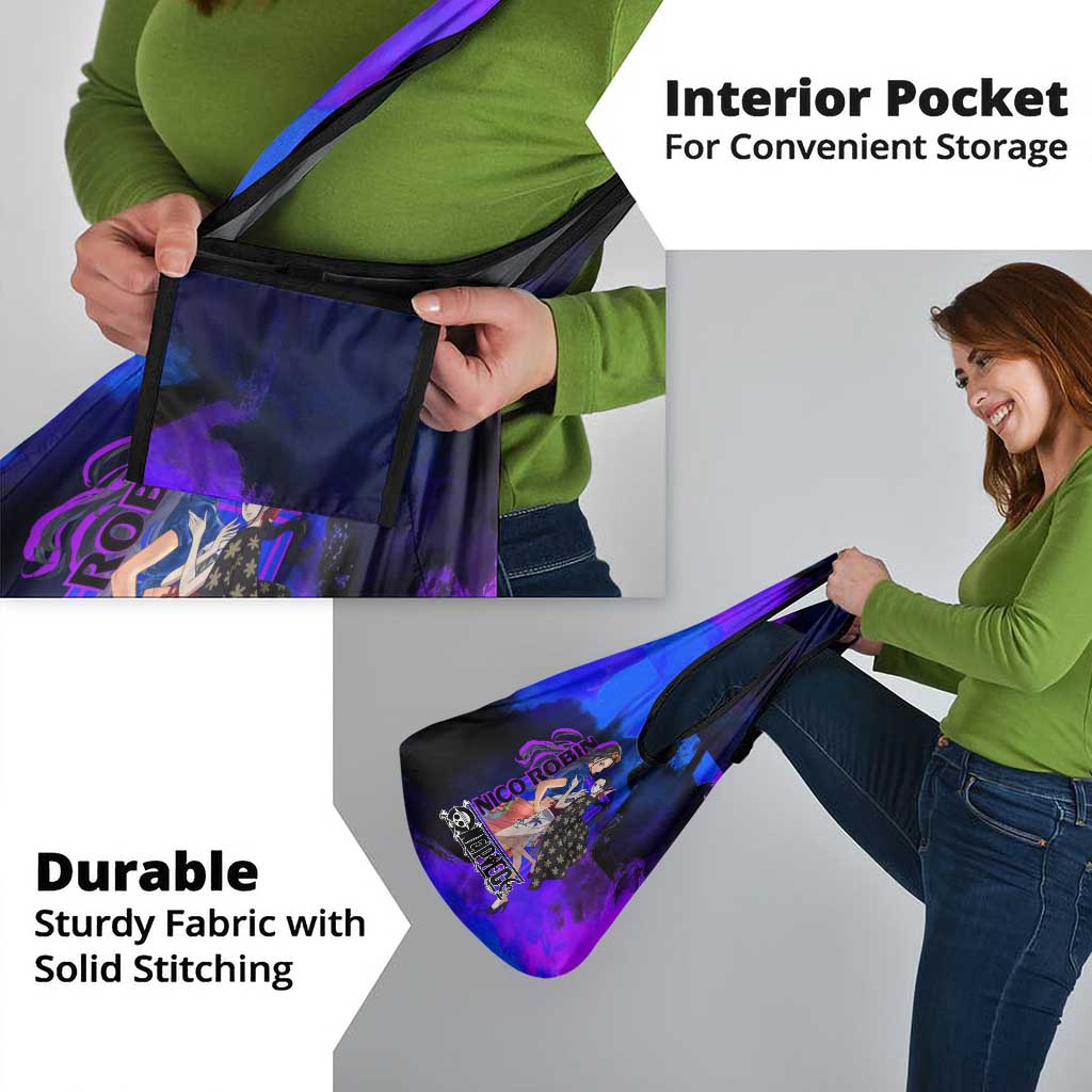 Nico Robin One Piece Purple and Blue Theme Grocery Bag with Floral Cape and Archaeologist Pose Design - The Mazicc