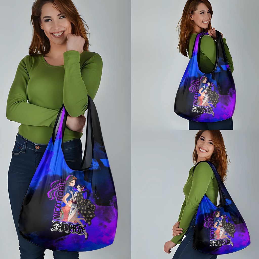 Nico Robin One Piece Purple and Blue Theme Grocery Bag with Floral Cape and Archaeologist Pose Design - The Mazicc