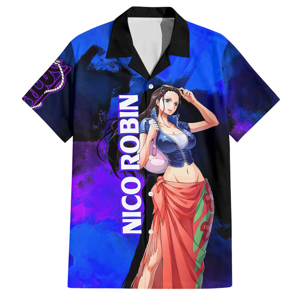 Nico Robin One Piece Purple and Blue Theme Hawaiian Shirt with Floral Cape and Archaeologist Pose Design - The Mazicc