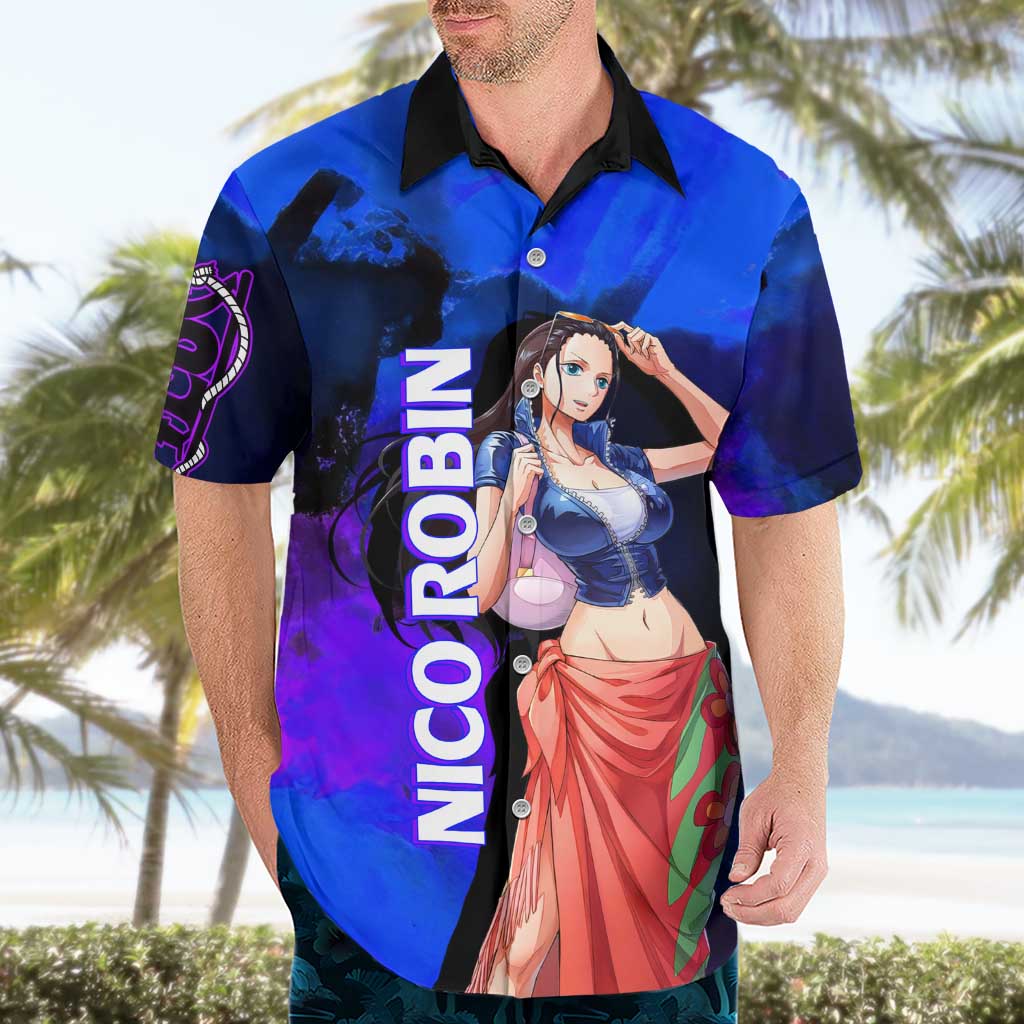 Nico Robin One Piece Purple and Blue Theme Hawaiian Shirt with Floral Cape and Archaeologist Pose Design - The Mazicc