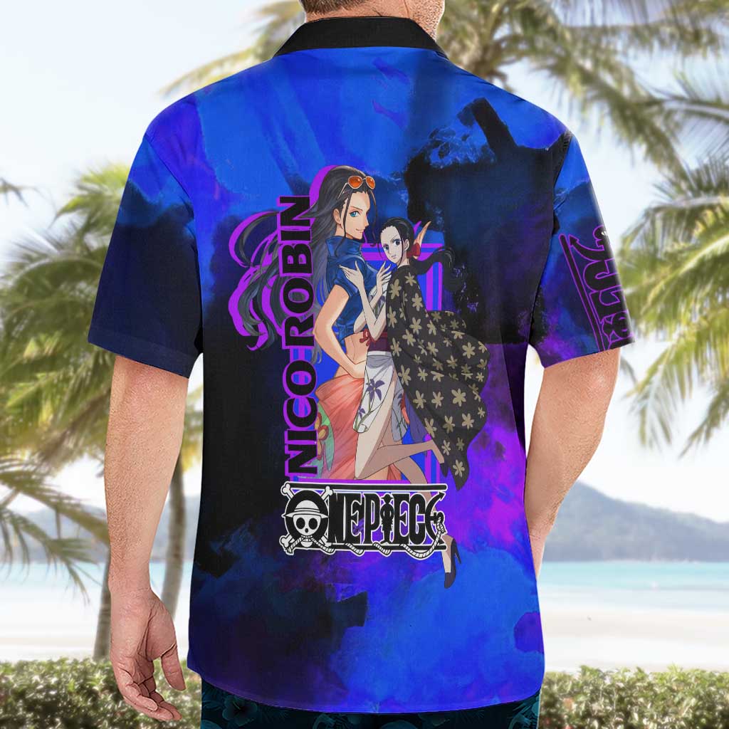 Nico Robin One Piece Purple and Blue Theme Hawaiian Shirt with Floral Cape and Archaeologist Pose Design - The Mazicc