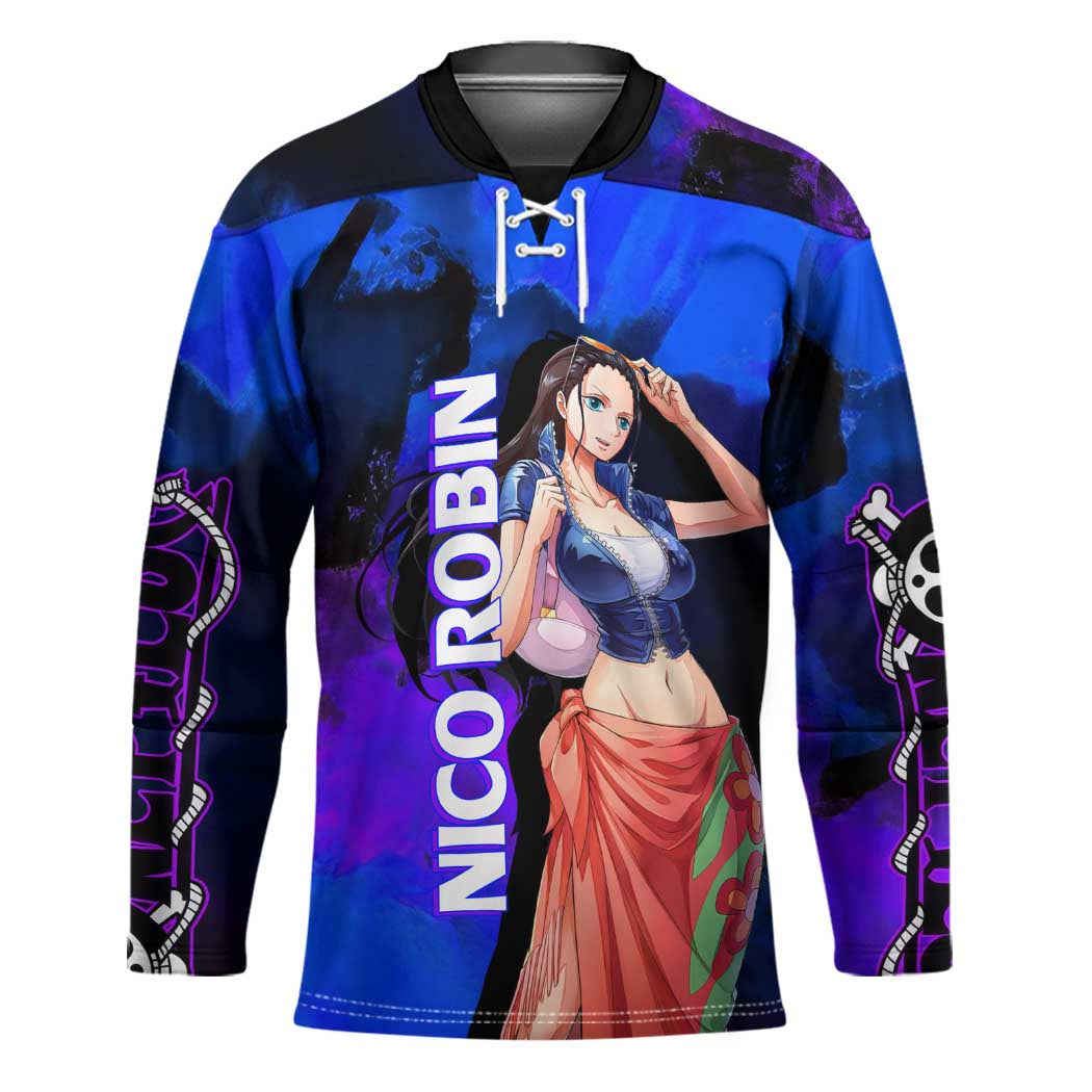 Nico Robin One Piece Purple and Blue Theme Hockey Jersey with Floral Cape and Archaeologist Pose Design - The Mazicc