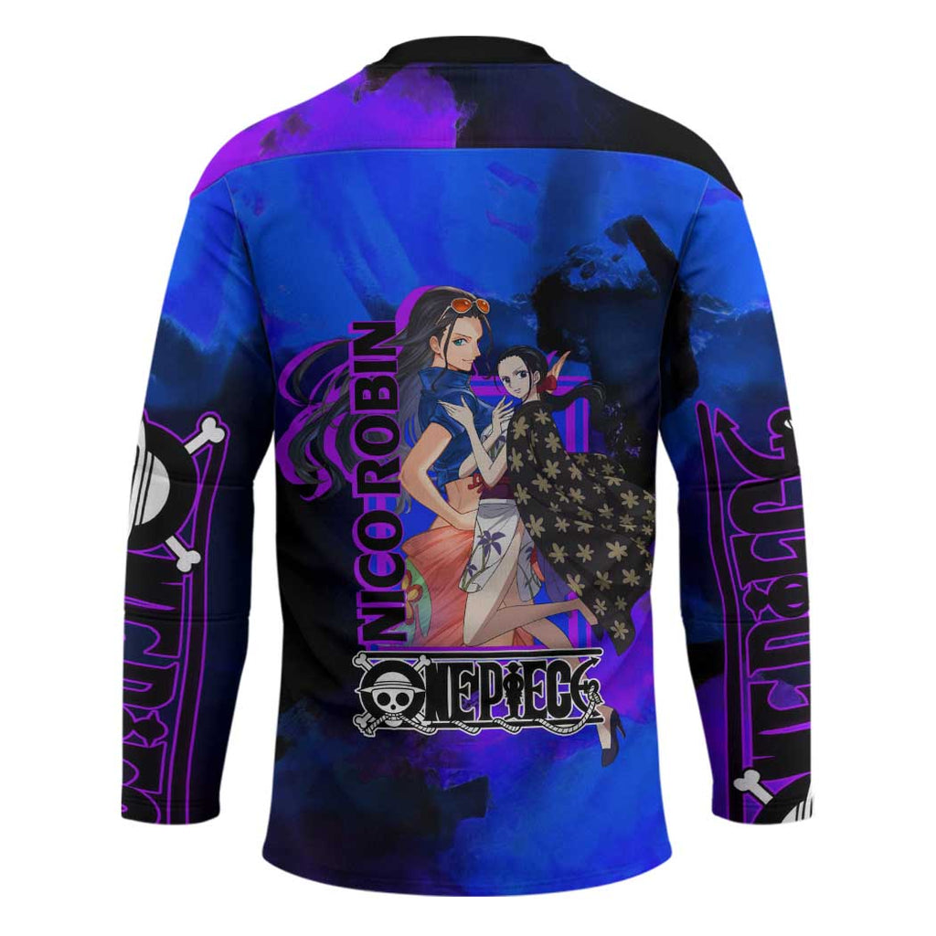 Nico Robin One Piece Purple and Blue Theme Hockey Jersey with Floral Cape and Archaeologist Pose Design - The Mazicc