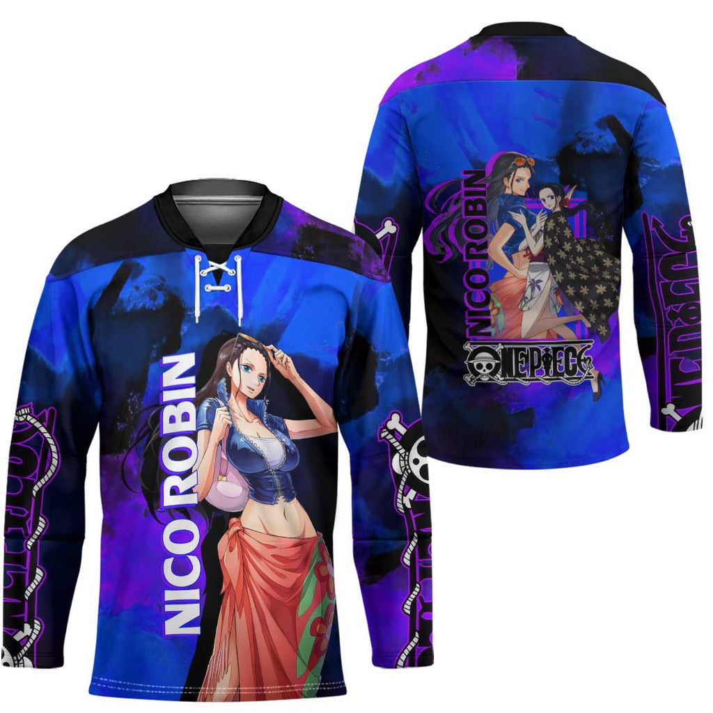 Nico Robin One Piece Purple and Blue Theme Hockey Jersey with Floral Cape and Archaeologist Pose Design - The Mazicc