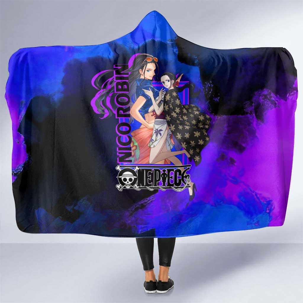 Nico Robin One Piece Purple and Blue Theme Hooded Blanket with Floral Cape and Archaeologist Pose Design - The Mazicc
