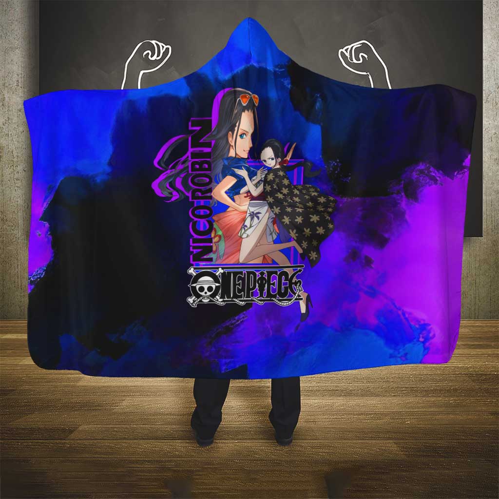 Nico Robin One Piece Purple and Blue Theme Hooded Blanket with Floral Cape and Archaeologist Pose Design - The Mazicc