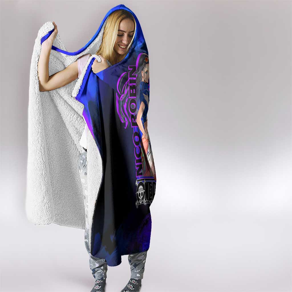 Nico Robin One Piece Purple and Blue Theme Hooded Blanket with Floral Cape and Archaeologist Pose Design - The Mazicc