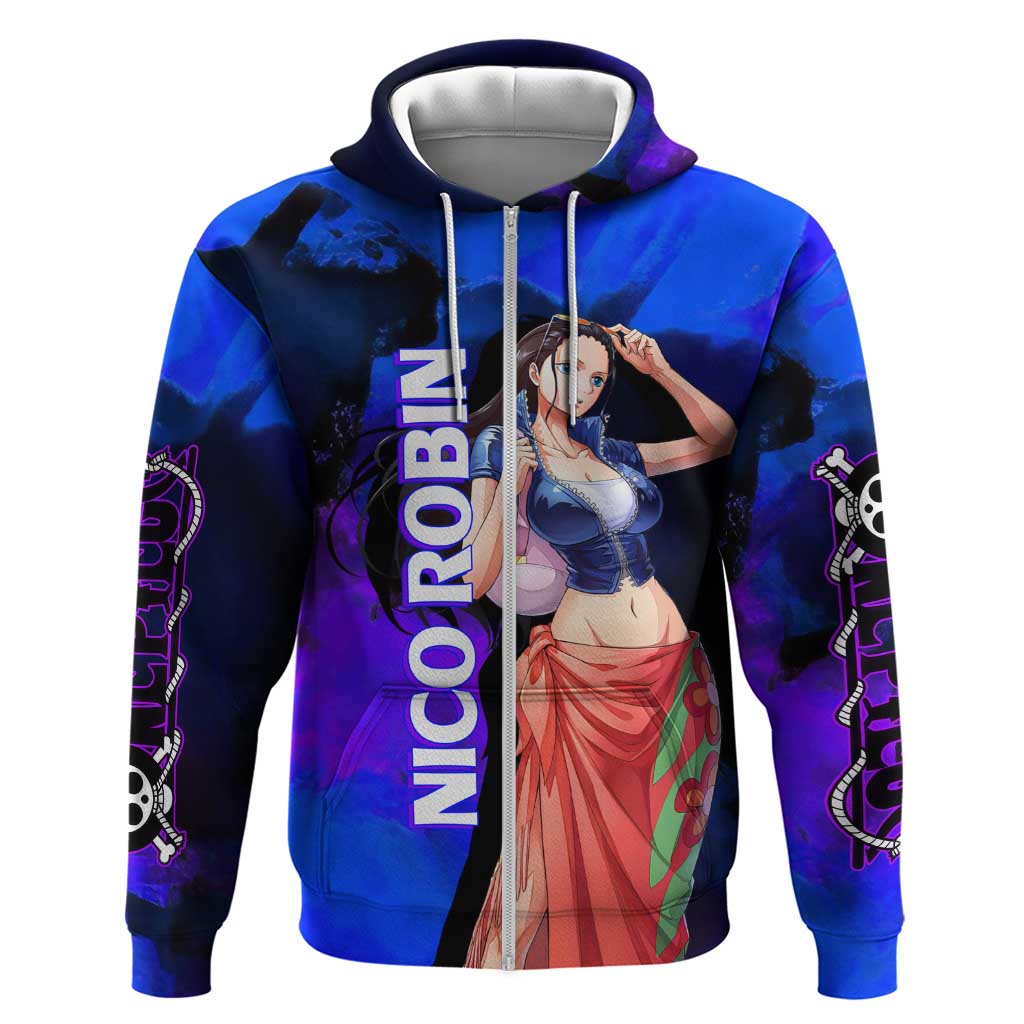 Nico Robin One Piece Purple and Blue Theme Hoodie with Floral Cape and Archaeologist Pose Design - The Mazicc