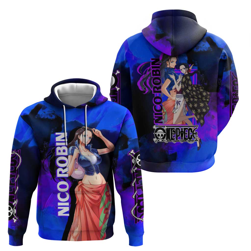 Nico Robin One Piece Purple and Blue Theme Hoodie with Floral Cape and Archaeologist Pose Design - The Mazicc