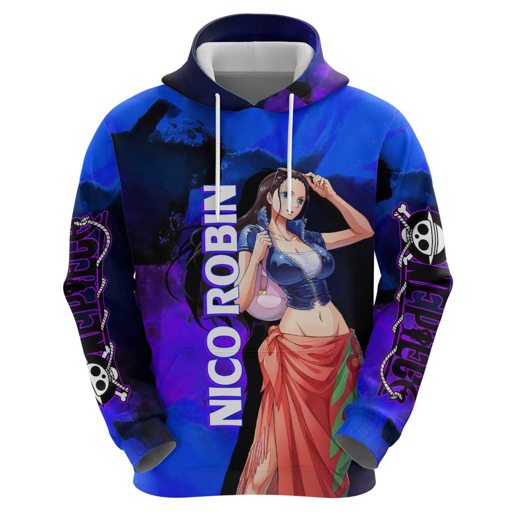 Nico Robin One Piece Purple and Blue Theme Hoodie with Floral Cape and Archaeologist Pose Design - The Mazicc