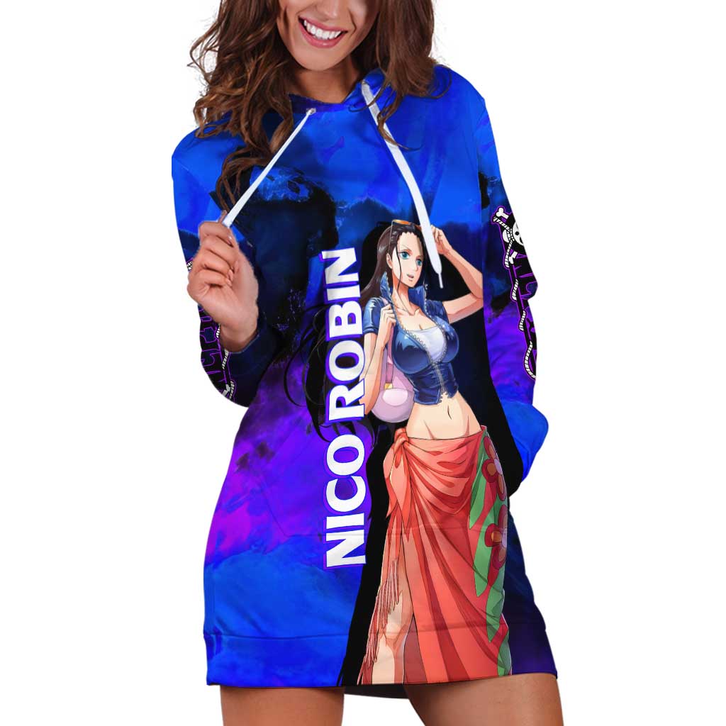 Nico Robin One Piece Purple and Blue Theme Hoodie Dress with Floral Cape and Archaeologist Pose Design - The Mazicc