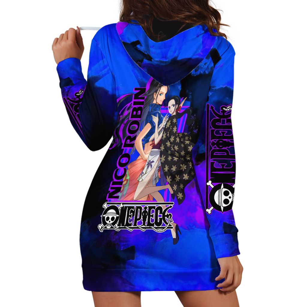 Nico Robin One Piece Purple and Blue Theme Hoodie Dress with Floral Cape and Archaeologist Pose Design - The Mazicc