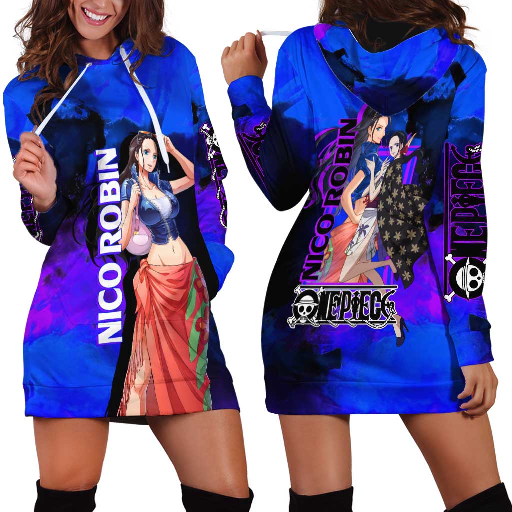 Nico Robin One Piece Purple and Blue Theme Hoodie Dress with Floral Cape and Archaeologist Pose Design - The Mazicc