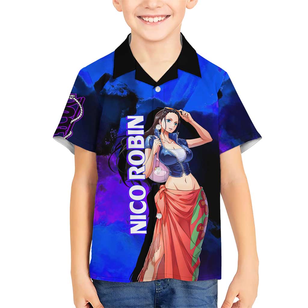 Nico Robin One Piece Purple and Blue Theme Kid Hawaiian Shirt with Floral Cape and Archaeologist Pose Design - The Mazicc