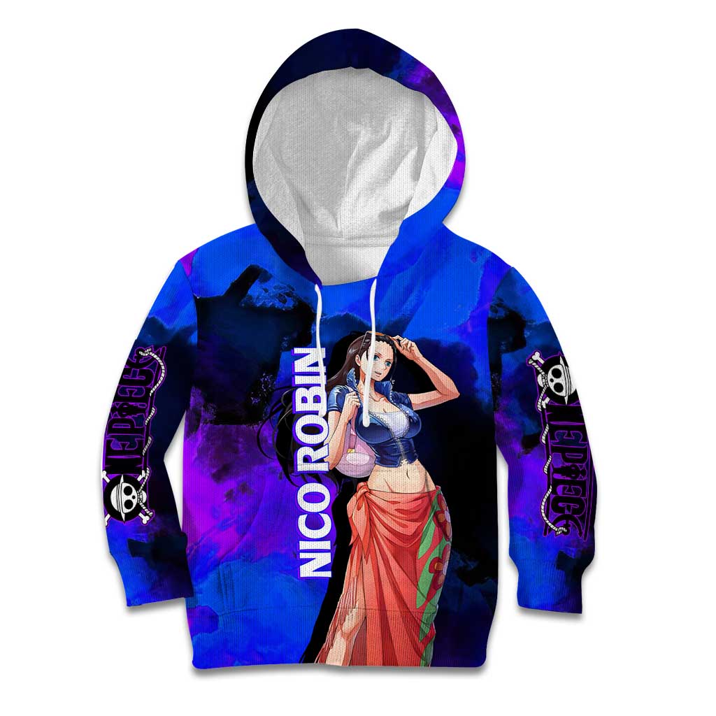 Nico Robin One Piece Purple and Blue Theme Kid Hoodie with Floral Cape and Archaeologist Pose Design - The Mazicc