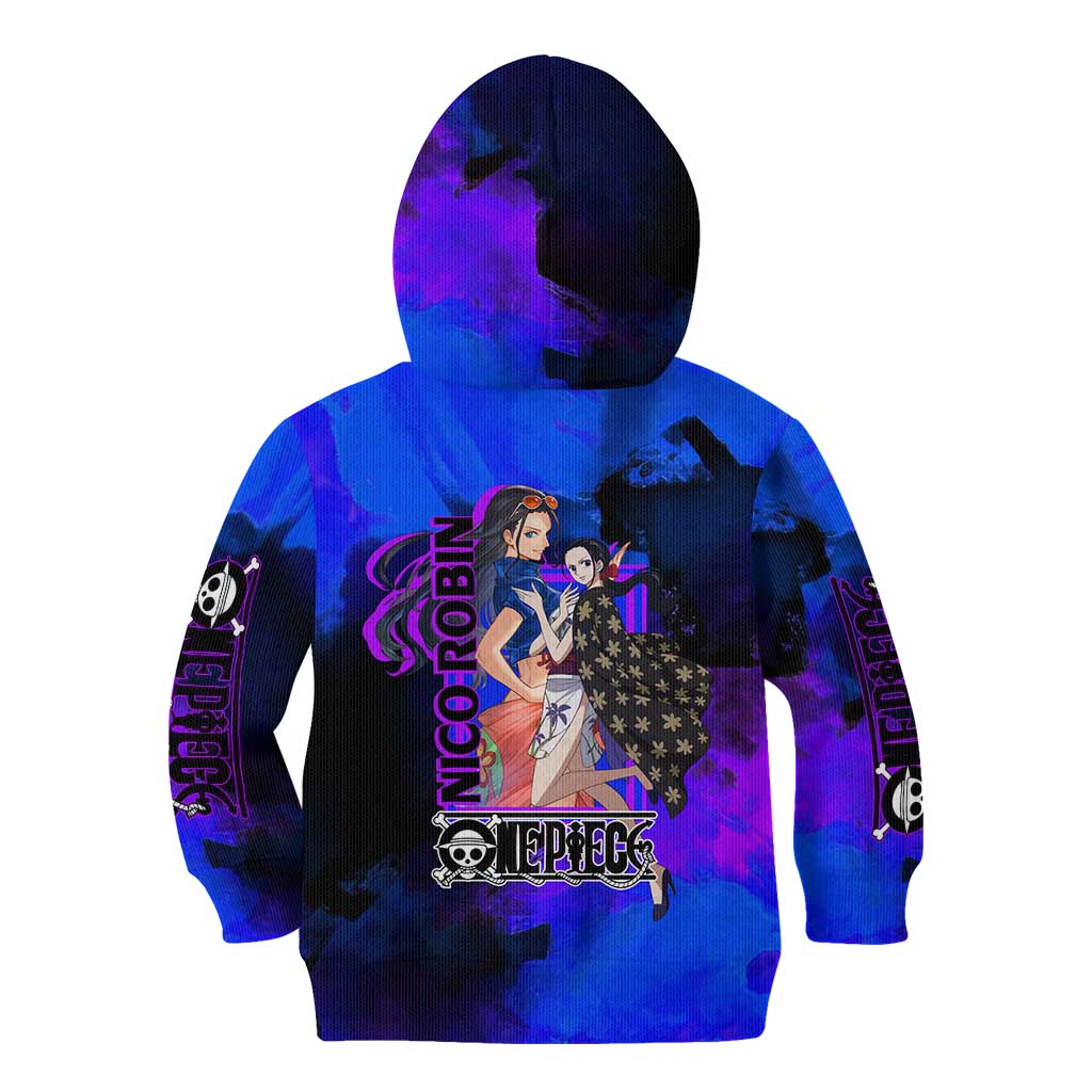 Nico Robin One Piece Purple and Blue Theme Kid Hoodie with Floral Cape and Archaeologist Pose Design - The Mazicc