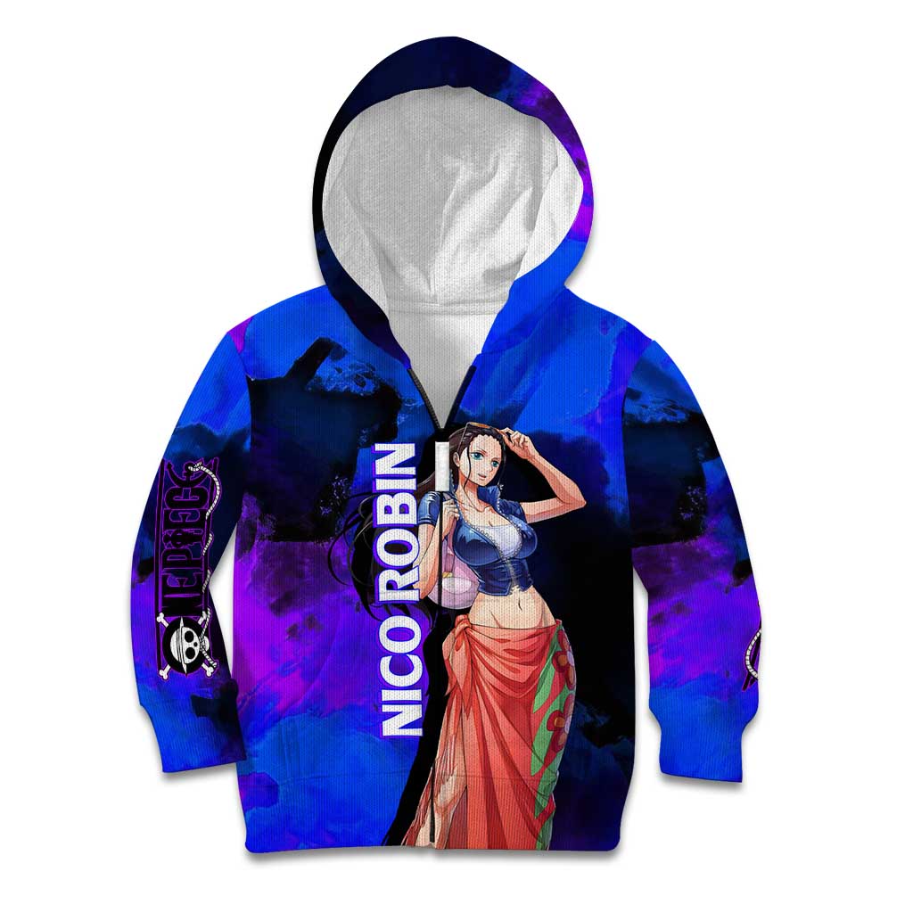 Nico Robin One Piece Purple and Blue Theme Kid Hoodie with Floral Cape and Archaeologist Pose Design - The Mazicc